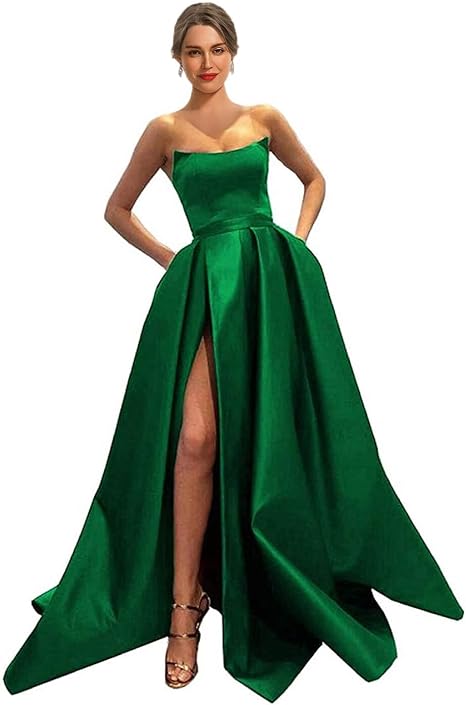 Womens Long Strapless Satin Prom Dress Sleeveless Slit Evening Ball Gown